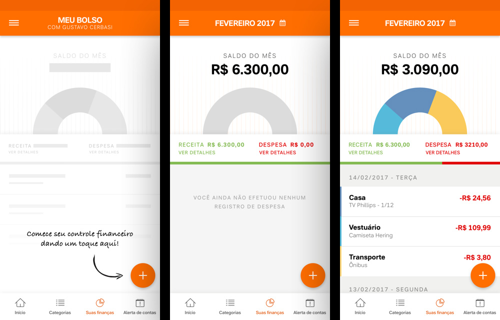 Variações de tela das seção Suas Finanças